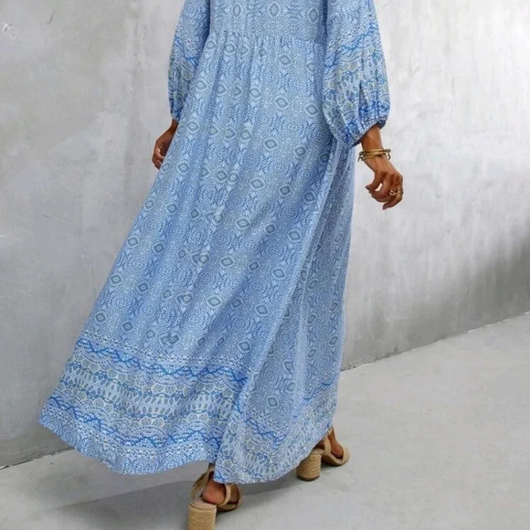 Allover Print Tie Neck Lantern Sleeve Dress - Picture 5 of 6